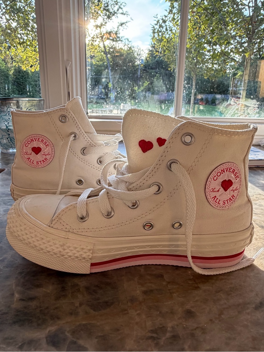 Girls platform Converse white High-Top Sneakers with Red Heart Accent Kids 1